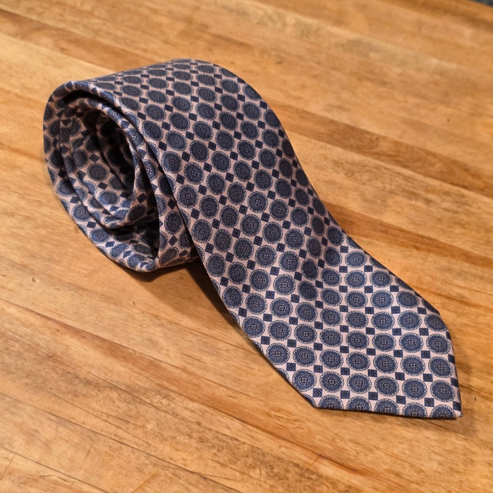 Oscar de la Renta Couture Silk Tie Blue Peach Geometric Medallion Classic 58in